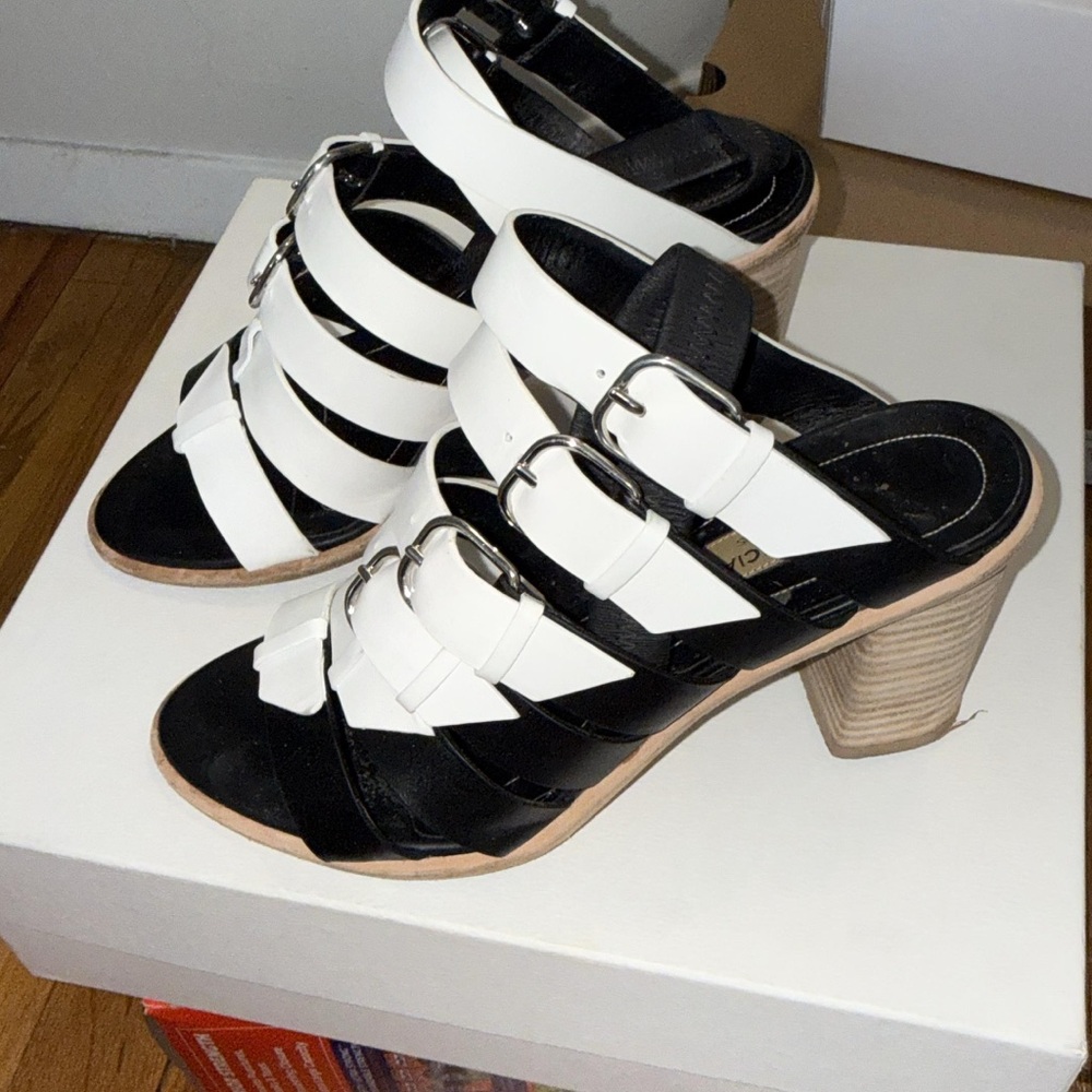 Balenciaga Black and White Multi-Strap Block Heel Sandals